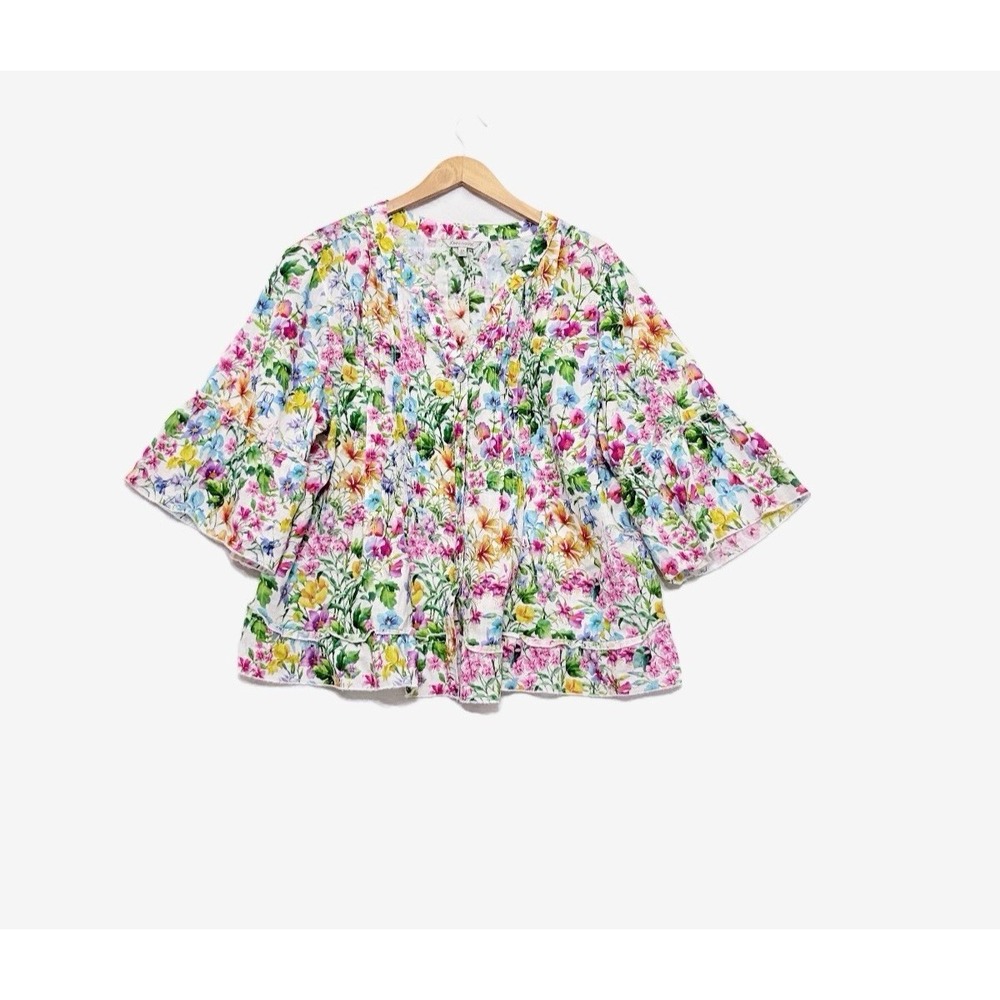 John Mark Top Linen Womens 2X Pleated Floral Button Front Boho Cottage Prairie